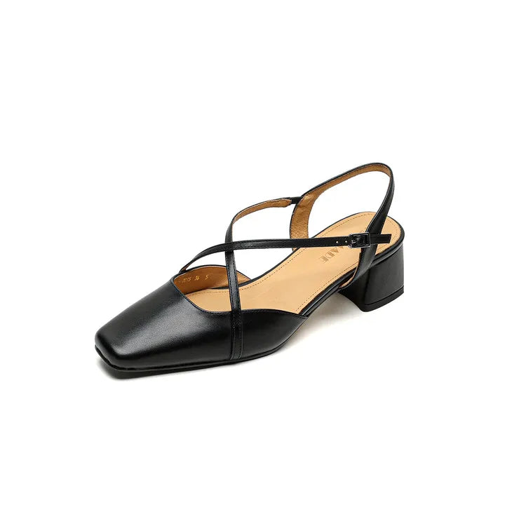 New Genuine Leather Summer Sandals Women Shoes Square Toe Sandals for Women Fashion Versatile Cover Toe Mid Heels Sandals