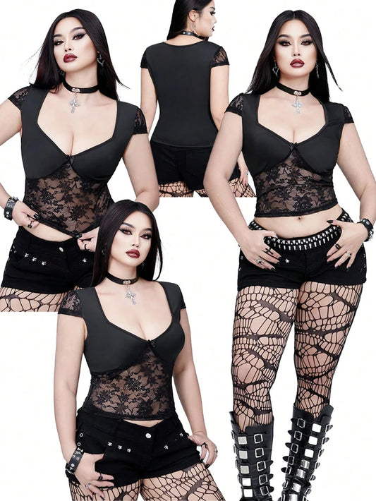 Plus Size Sexy V-neck Bow Lace Sheer Blouse Slim-fit Top Y2K Style Halloween Collection Black Cat T-shirt