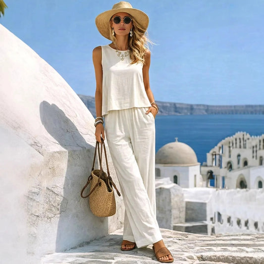 Women Vacation 2 Piece Outfit Sleeveless Tank Loose Top Pockets Wide Leg Pants Cotton Linen Blend Casual Summer Beach Wear