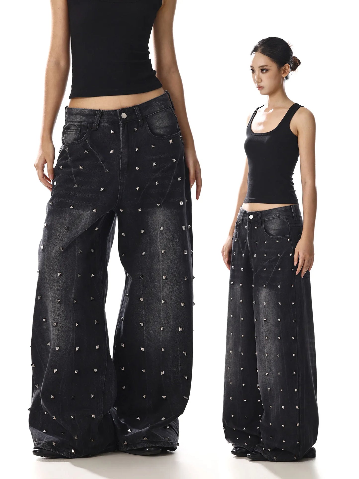 Women Black Rivet Heavy Duty Jeans New American Retro Design Niche Loose Wide Leg Denim Pants Streetwear Baggy Trousers