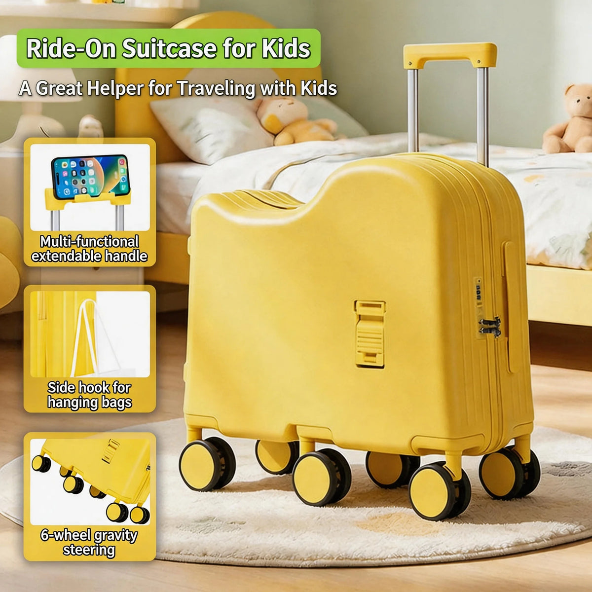 2026 New Kids Ride-On Luggage, Boys & Girls Mini Student 20 Inch Password Rolling Travel Suitcase