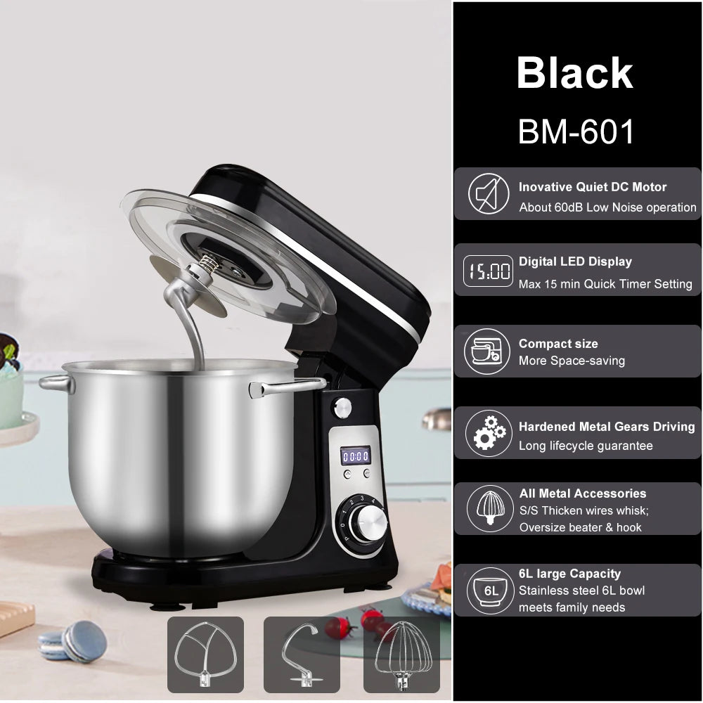 BioloMix 1200W 6L Kitchen Stand Mixer With Quiet DC Motor, 6-Speed, for Blending, Whisking, and Kneading