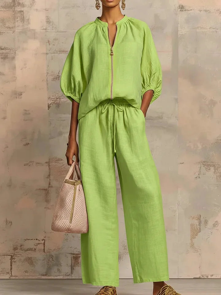 Women's Casual Solid Color Cozy Pant Set Chic Laple Zipper Short Sleeve Shirt Elasticity Waist Pant Suit Women New Two Piece Set