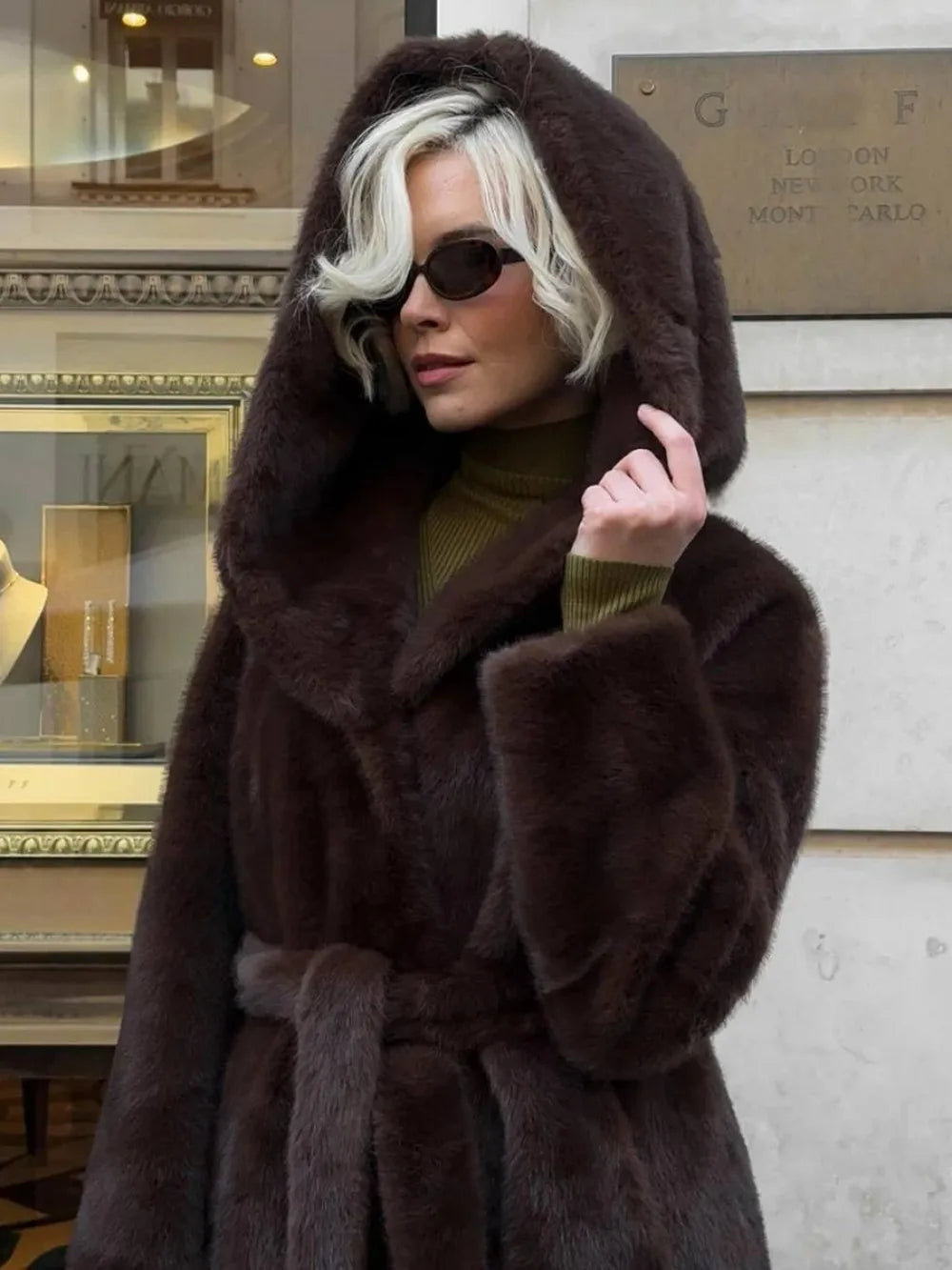 Luxury Long Faux Mink Fur Coat Women 2026 Warm Belted Hooded Fluffy Fur Jacket Thick Chunky Women's Winter Overcoat Outerwear