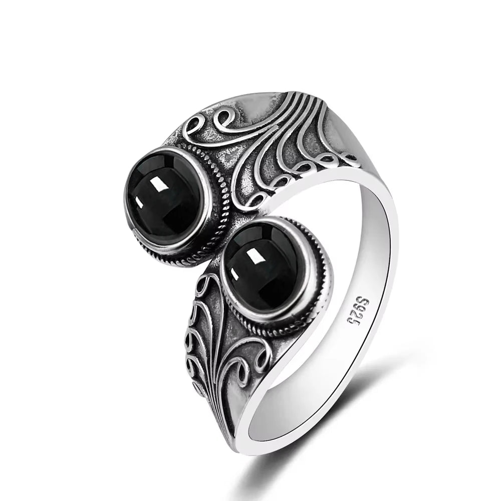 925 Vintage Silver Ring with Natural Moonstone 6*8mm Adjustable Rings Flower Bohemia Style Fine Jewelry for Women
