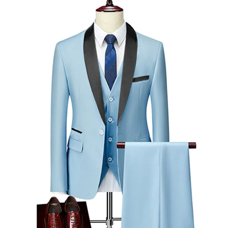 US Size Men Lapel Black Collar 3 Pcs Suit Set Coat Vest Trousers / Business Groom Wedding Dress Fprmal Blazer Pants Waistcoat