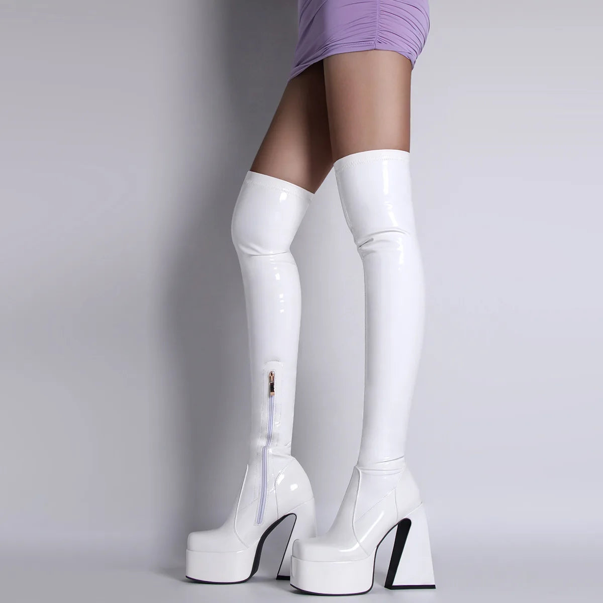 Women's Black Pyramids High Heels Thigh High Boots Sexy Platform White Over The Knee Party Shoes High Quality Big Size 43