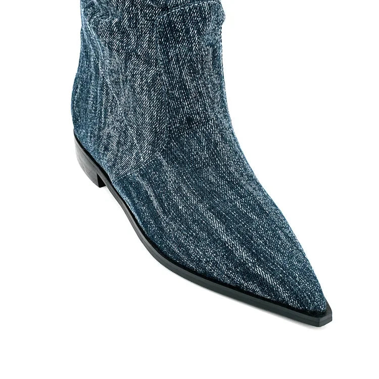 Silver Flat Bottomed Fashion Pleated Boots Big Size 36-47 Stone Grain Knee High Boots Pointed Denim Low Heels Sexy Women Shoes
