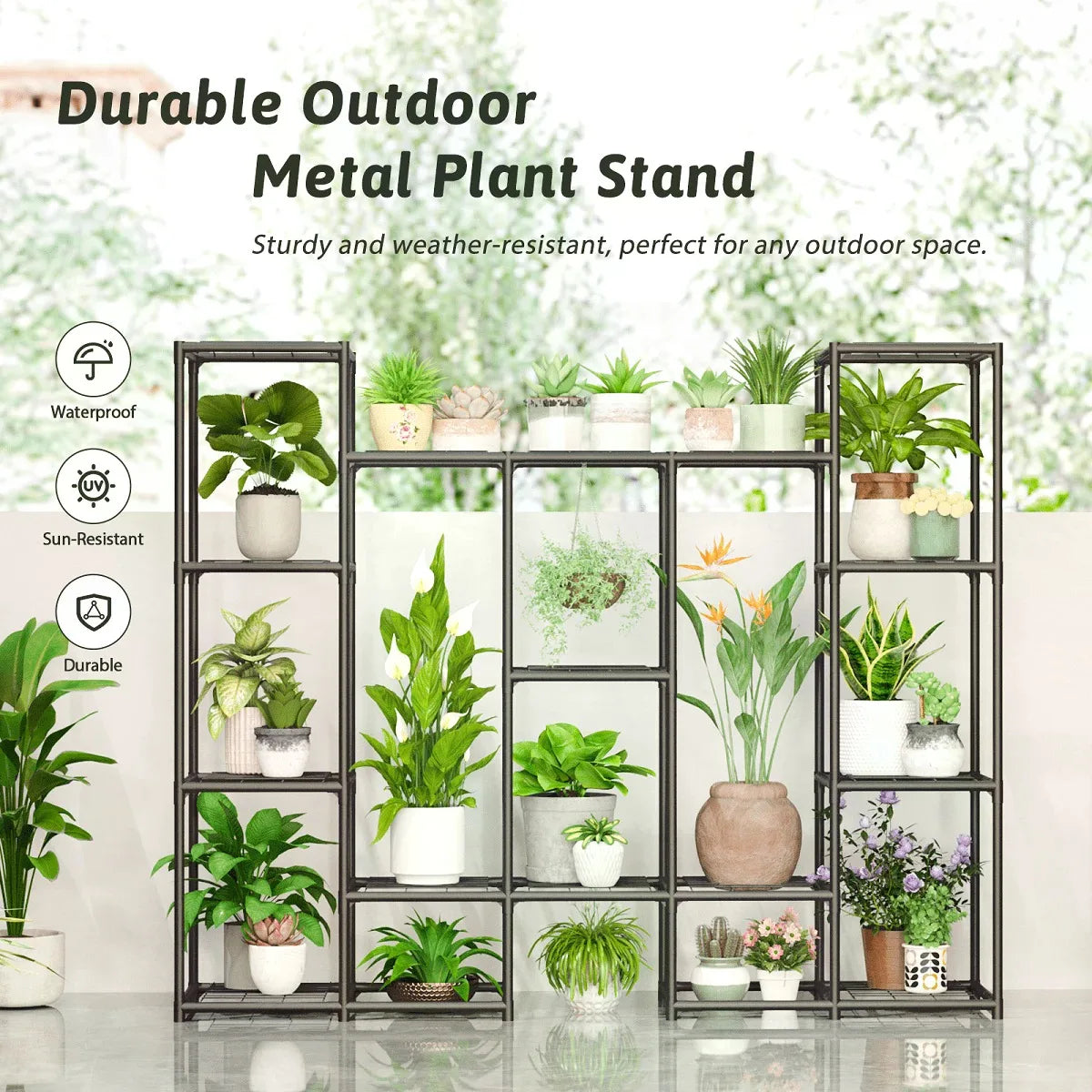 Large Plant Stand Indoor Outdoor Metal Plant Shelf Waterproof Plant Rack For Multiple Plants Wide Flower Stand For Patio Balcony Garden Black