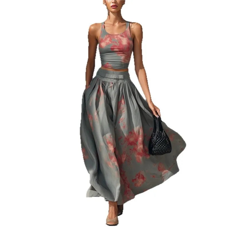 Bohemian Style Print Skirt Two Piece Set Women Sexy Cropped Top High Waist A-line Skirts 2 Piece Sets Casual Vacation Lady Suits