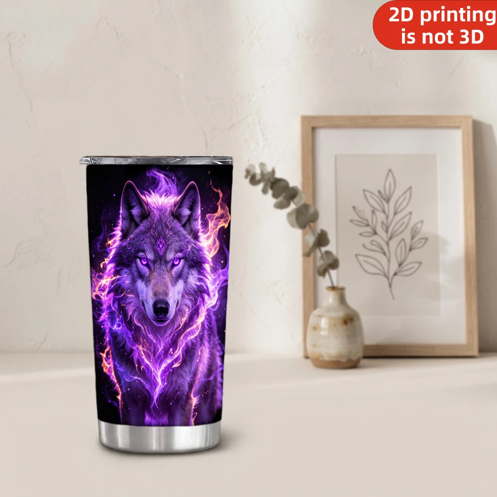 20oz Glowing Purple Fire Wolf Printed Stainless Steel Tumbler with Lid and Straw, Mystical Fantasy Spirit Animal Dark Gothic Vacuum Insulated Travel Coffee Mug Gifts for Men Women