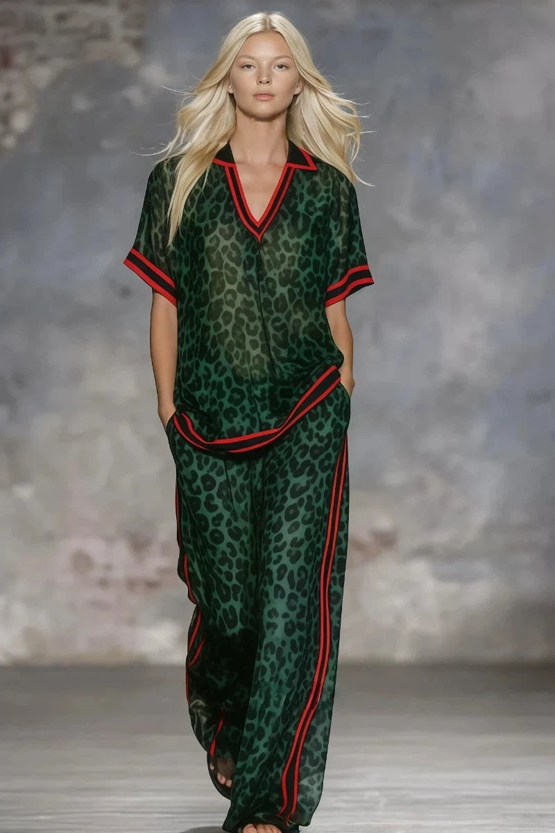 Women Leopard Print Two Piece Set Summer Casual Stripe V-Neck Short-sleeved Top & Wide Leg Pants Red Trim Casual Vacation Outfit