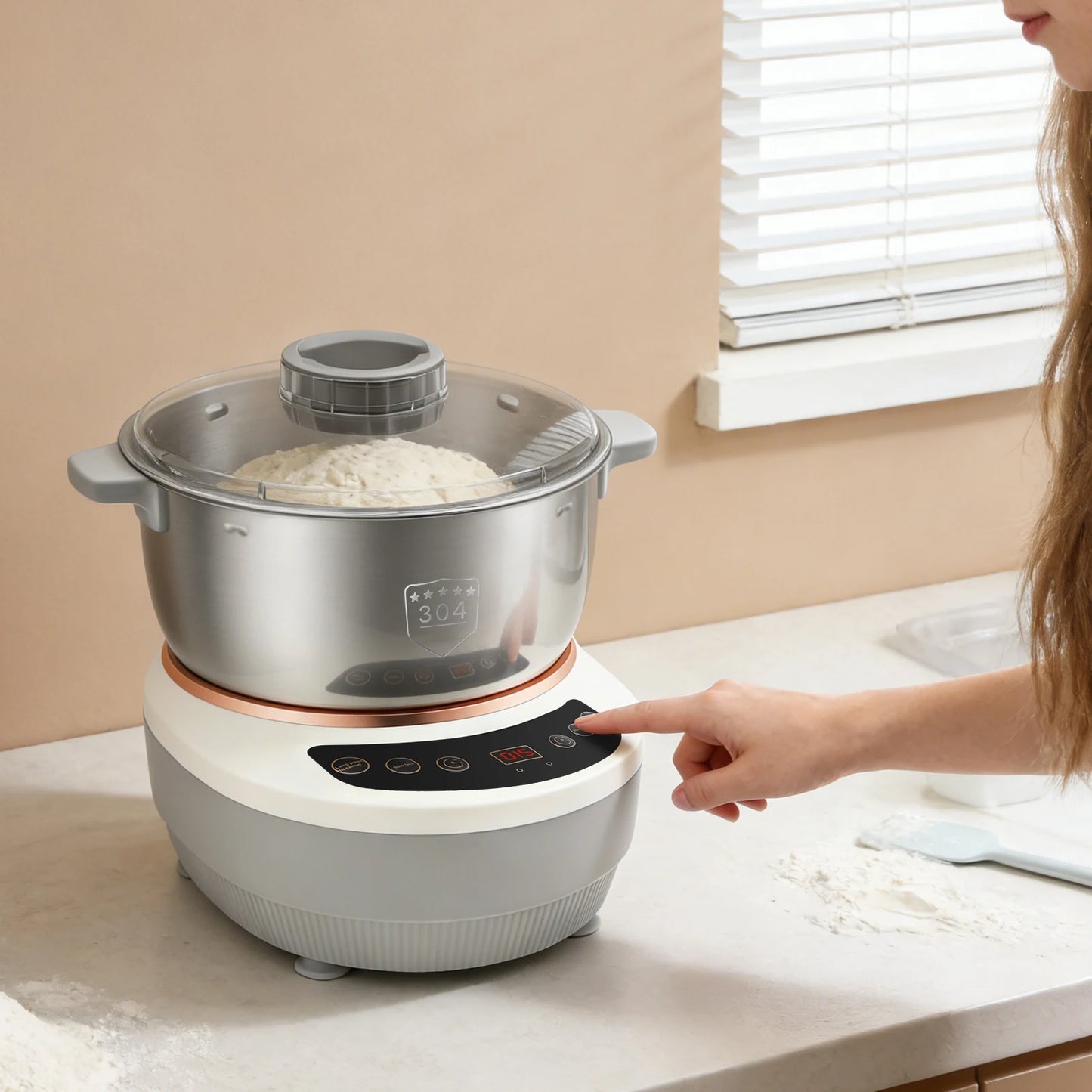 200W Electric Kneading Machine, 304 Stainless Steel Dough Kneading Machine, 5L Stand Mixer, 140-170 RPM, Timer Auto-Off, for Kitchen, Baking, Silver
