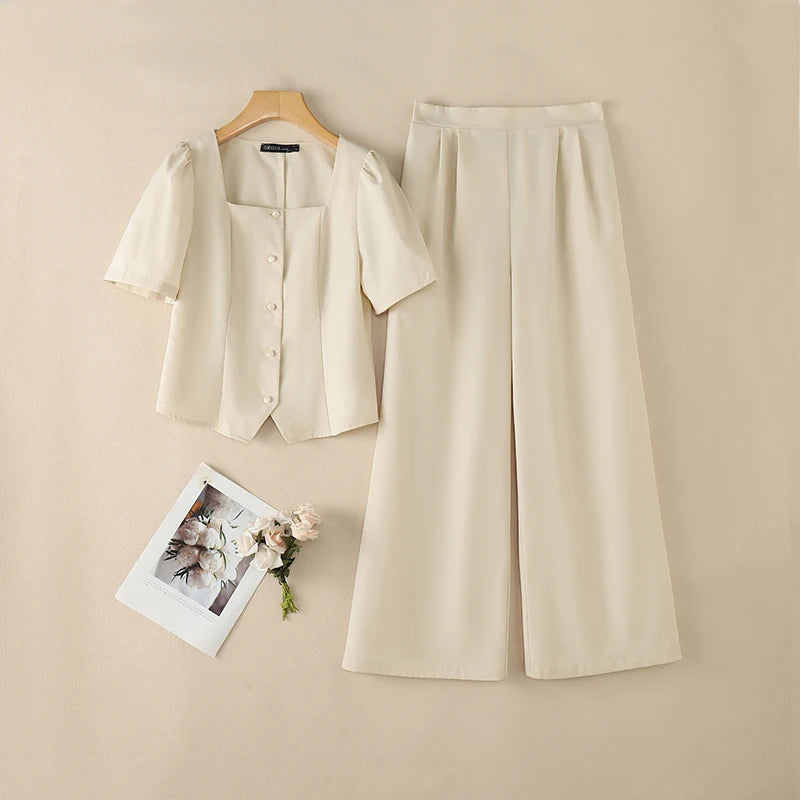 2PCS Women OL Work Outfits ZANZEA Summer Square Neck Short Sleeve Blouse Wide Leg Pant Sets Solid Color 2 Pieces Sets Tracksuit