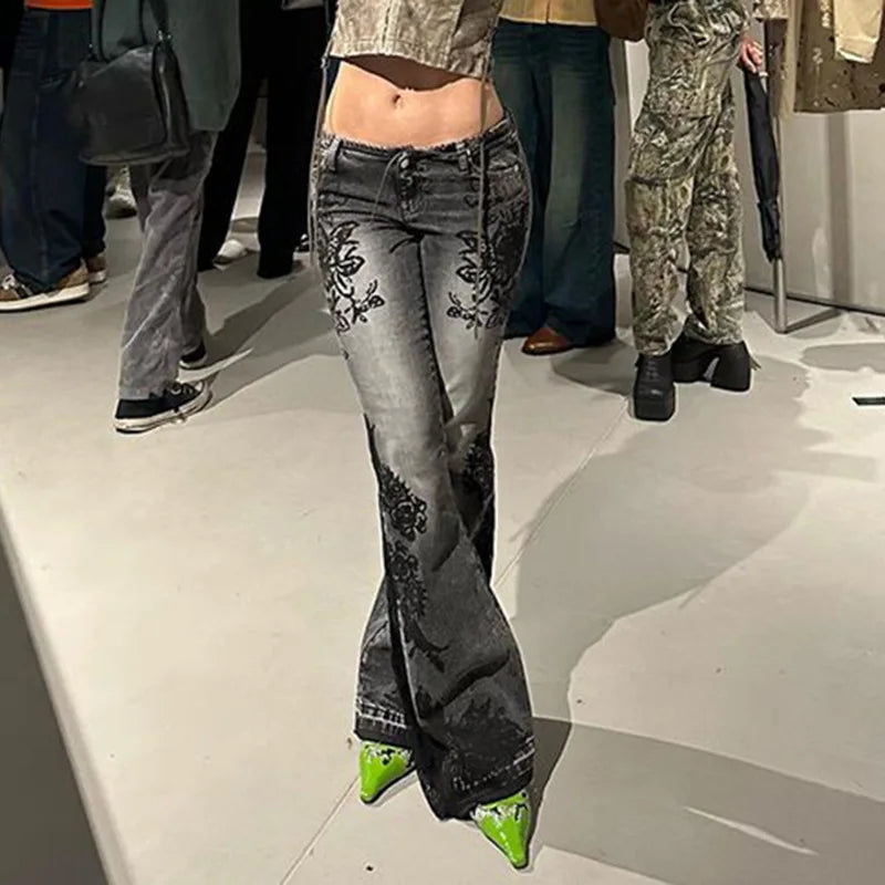 Women's Jeans New American Retro Street Style Plant Print Washed Vintage Low-Rise Flare Pants Trendy Versatile