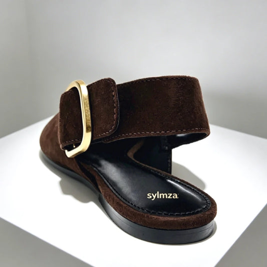 Fashion Metal Buckle Design Flat Sandals Women 2026 New Brown Suede Pointed Toe Slingback Designer Shoes Comfortable Women Shoes
