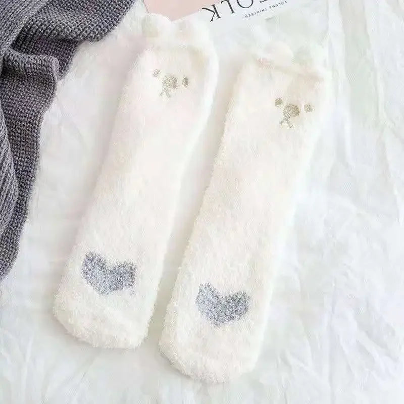 1 Pairs Warm & Fuzzy Cartoon Animal Socks, Crew Length Warm Coral Fleece Socks For Winter, Women's Stocking & Hosiery