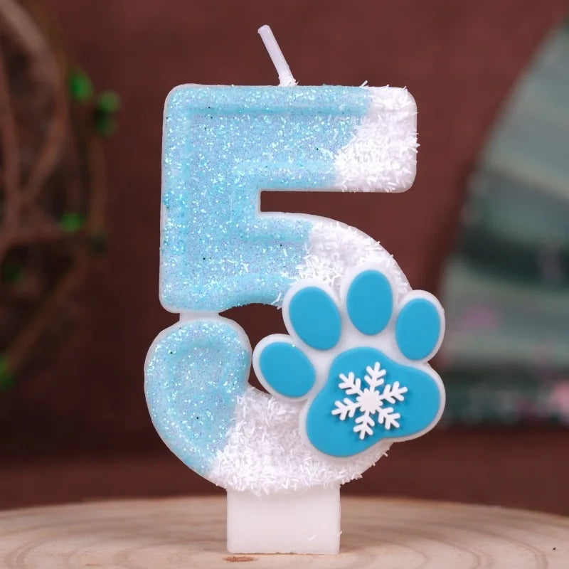 Cat Paw Theme 0‑9 Number Birthday Candle Blue White Glitter Cake Topper With Snowflake Cat Paw Ornament Cake Decoration Supplies