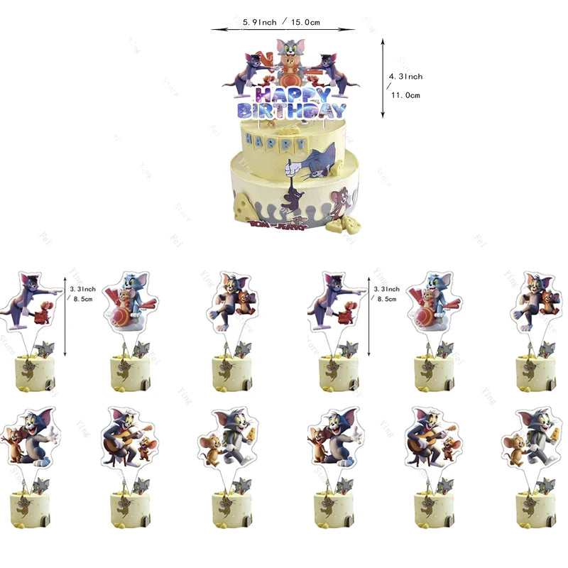 Cartoon T-Tom And J-Jerry Party Decorations Banner Latex Foil Balloons Cake Topper Birthday Movie Show Party Supplies Set Favor