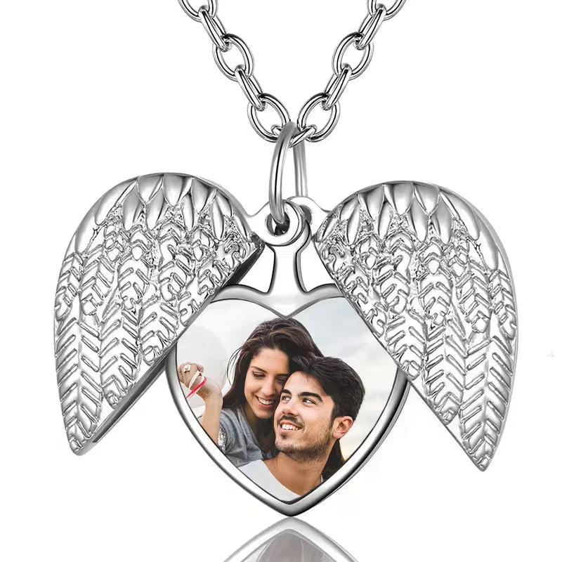 Custom photo pendant commemorative necklace, personalised heart-shaped photo angel wing pendant necklace, personalised gift
