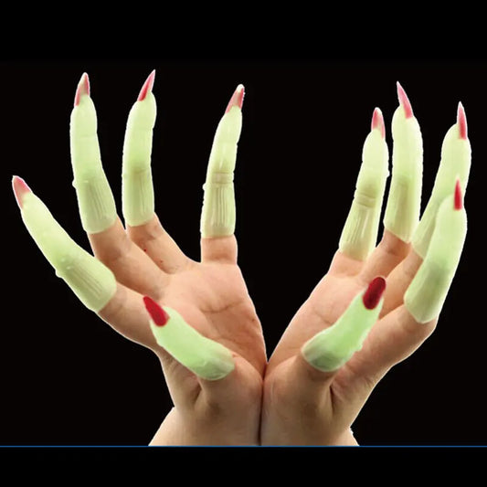 10Pcs Witch Fingers Nail Set Glow in the Dark Monster Fake Fingers Nail Trick Props for Halloween Costume Decoration