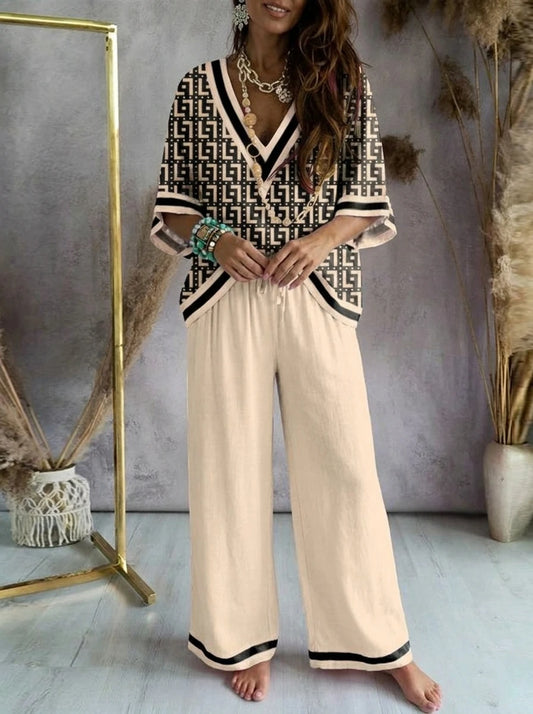 Missuoo Women's Loose Geometric Print V Neck Batwing Sleeve Top & Wide Leg Pants Set 2026 Summer Casual Loose 2 Piece Outfit