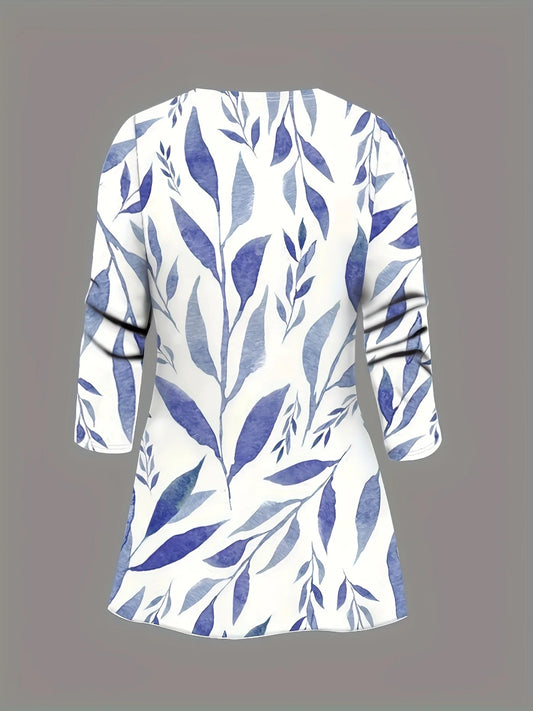 Plus-size women's 3-piece set: color-blocked printed cardigan jacket paired with trousers and vest for a casual everyday look.
