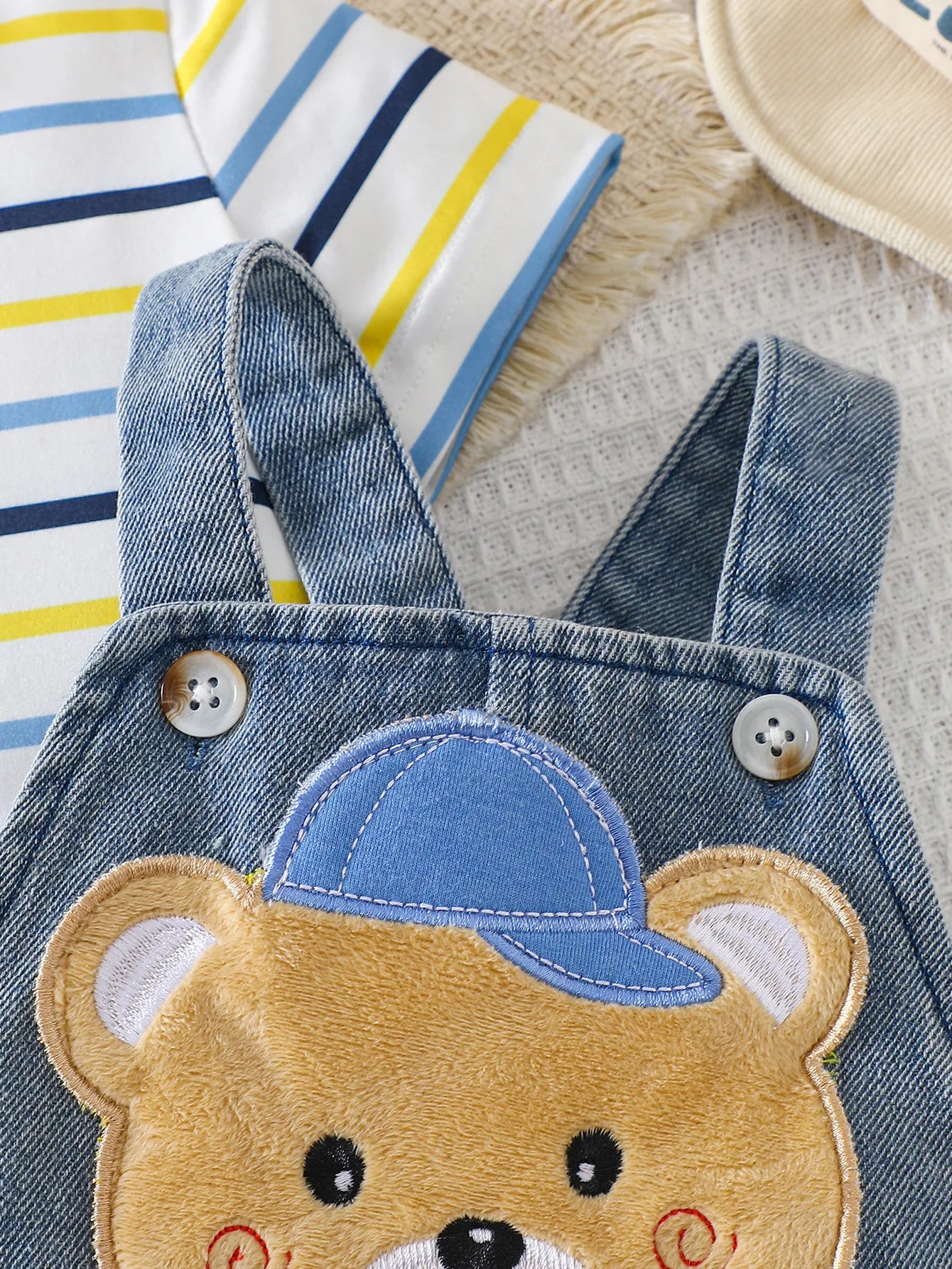 Baby Boy Striped Short-Sleeved T-Shirt + Bear Denim Overalls Shorts Set, Cute Summer Two-Piece Set, Soft and Breathable Childlike Outfit