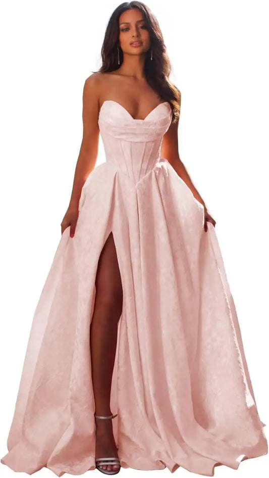 Jacquard Satin Prom Dresses with Slit Strapless Corset A Line Long Formal Gowns Party Evening Gown Formal Dress Women Elegant