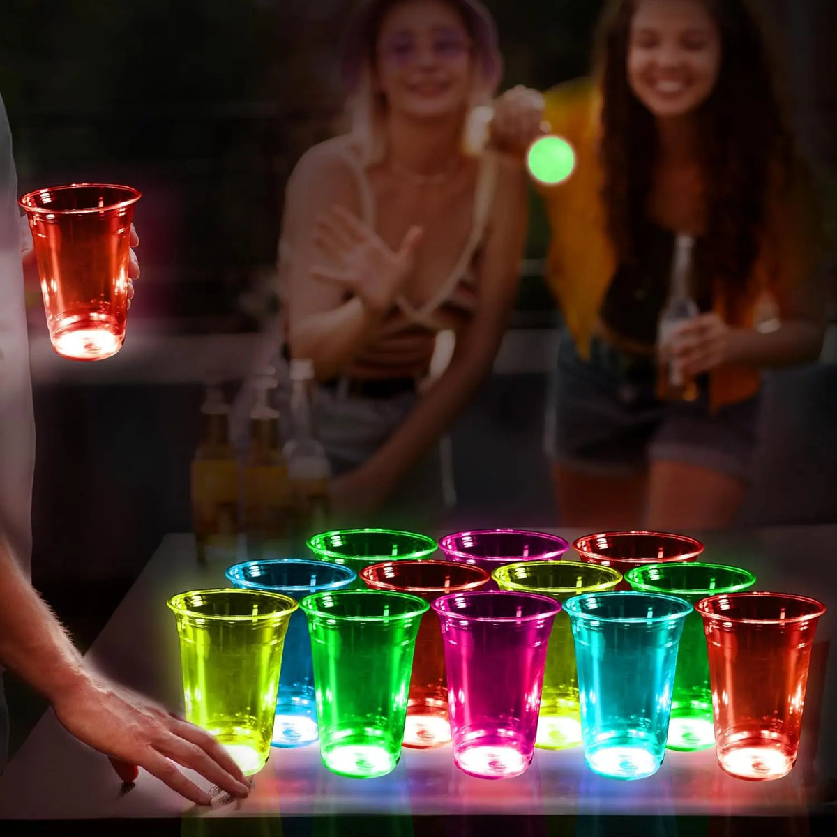 Glowing Party Beer Pong Game LED Beer Pong Cups and Glow-in-The-Dark Balls for Indoor Outdoor Nighttime Competitive Fun Birthday