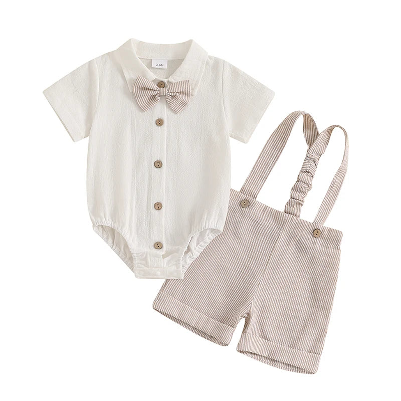 Infant Baby Boy Summer Gentleman Outfit Short Sleeve Lapel Neck Shirt Romper + Stripe Suspender Shorts + Bowtie for Newborn