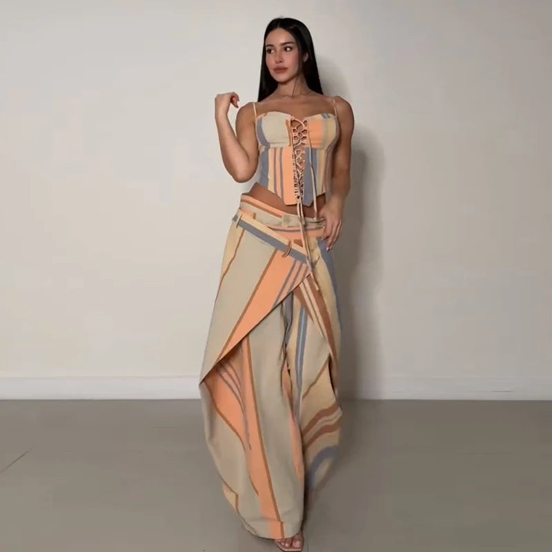 Chic Stripe Print Vest Pants Women Set Patchwork Slash Neck Bandage Top Pleated Asymmetry Trousers 2026 Summer Lady Outfit