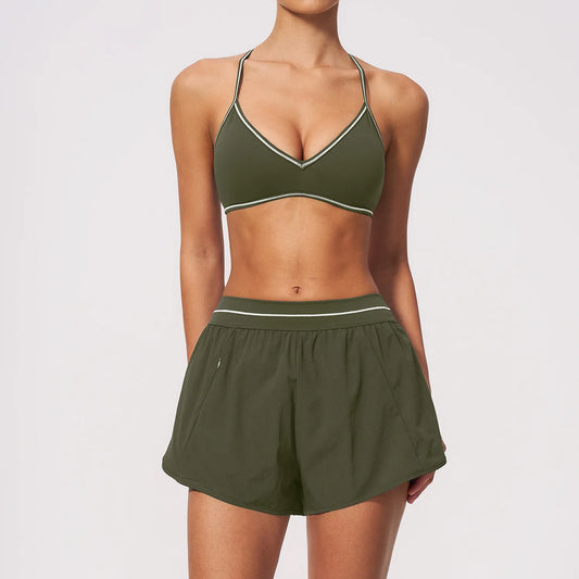 Women 2Pcs Activewear Set V Back Contrast Piping Shorts with Built in Liner and V Neck Crop Top for Gym Tennis Yoga Sportswear