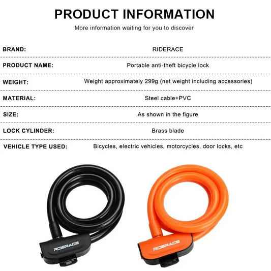 RIDERACE Scooter Electric E-Bike Road Cycling Bicycle Cable Lock Mountain Bike Portable Anti-theft Ring Lock High Security