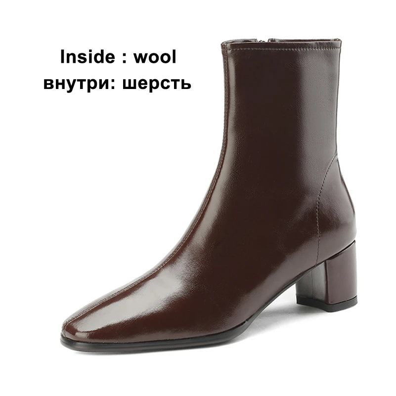 Meotina Women Genuine Leather Ankle Fur Wool Boots Round Toe Thick Mid Heel Zipper Ladies Fashion Short Boot Autumn Winter Shoes