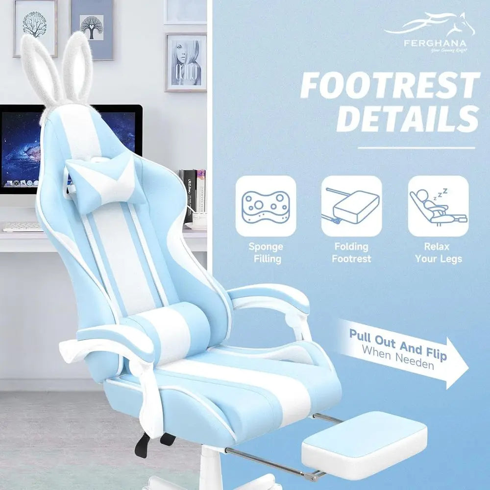 Light Blue Ergonomic Gaming Chair with Bunny Ears, Reclining Massage Chair for Teens and Adults