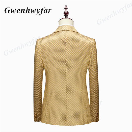 Gwenhwyfar Wheat-gold Patterns Suits of Men 2026 Autumn Party Suits Include Plain Gold Lapel Blazer Patterns Vest Slim Pants