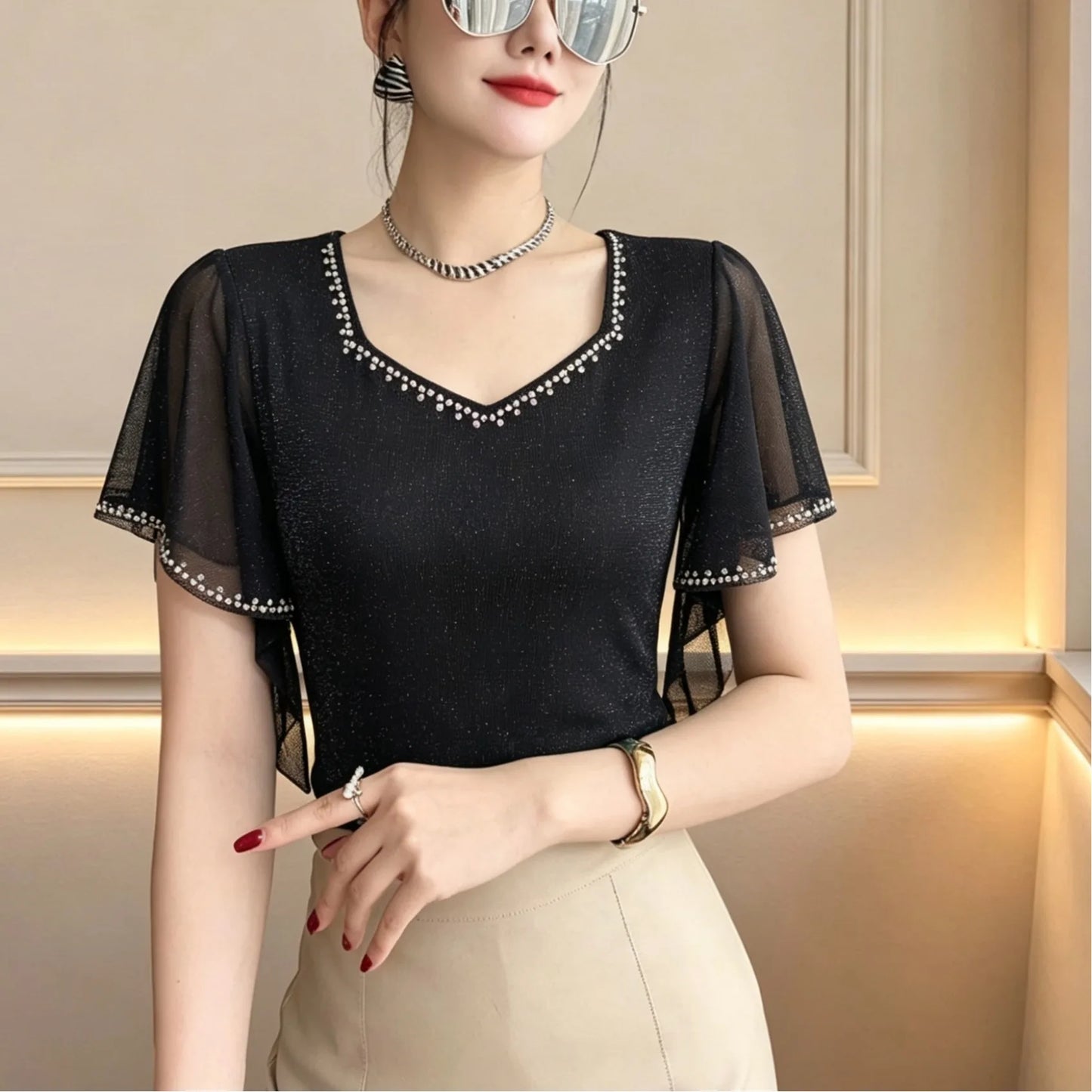 2026 Summer New Diamond Shirt Short sleeved Mesh Tops Slim Korean Fashion Bright Silk Women T Shirt