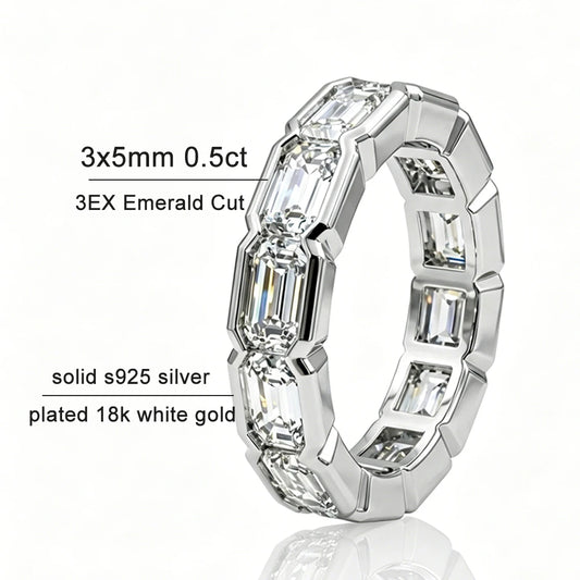 KNOBSPIN 3x5mm Emerald Cut Moissanite Eternity Band Ring D VVS1 Lab Created Diamond S925 Sterling Silver Wedding Rings for Women