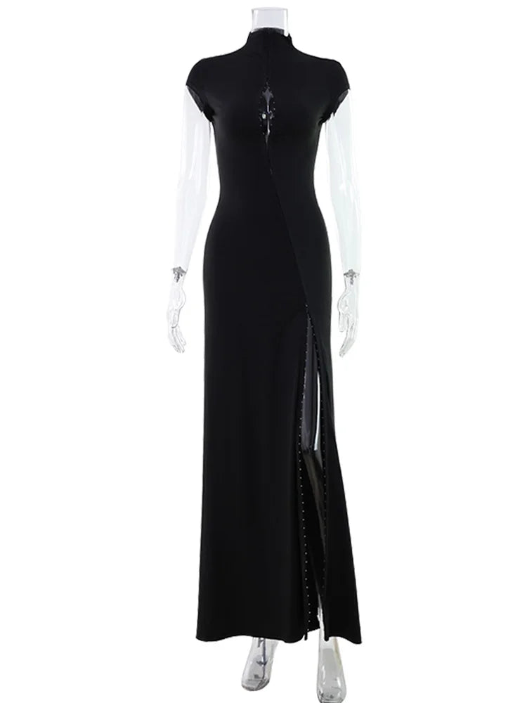 Women's Black Evening Gown | Short Sleeves, Chest Cutout & High Slit | Parties & Evening Events