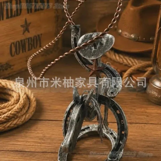Western Cowboy Horseshoe Metal Sculpture, Vintage Wild West Rodeo Ornament, Rustic Country Home Tabletop Decor