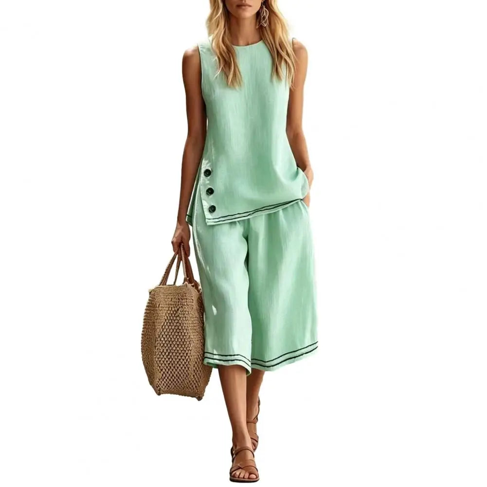 Women Two-Piece Set Soft Fabric Lounge Set Cotton Linen Sleeveless Vest & Wide Leg Pants Suit Summer 2 Piece Sets Women Outfits