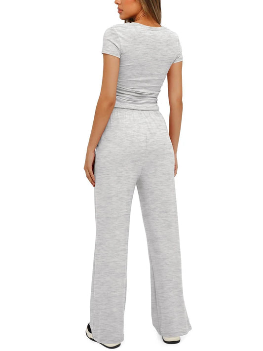 Summer Solid Loose Casual Tracksuit Women's Two Pieces Set O Neck Short Sleeves T-shirts and Wide Leg Pants Sets Sportswear Set