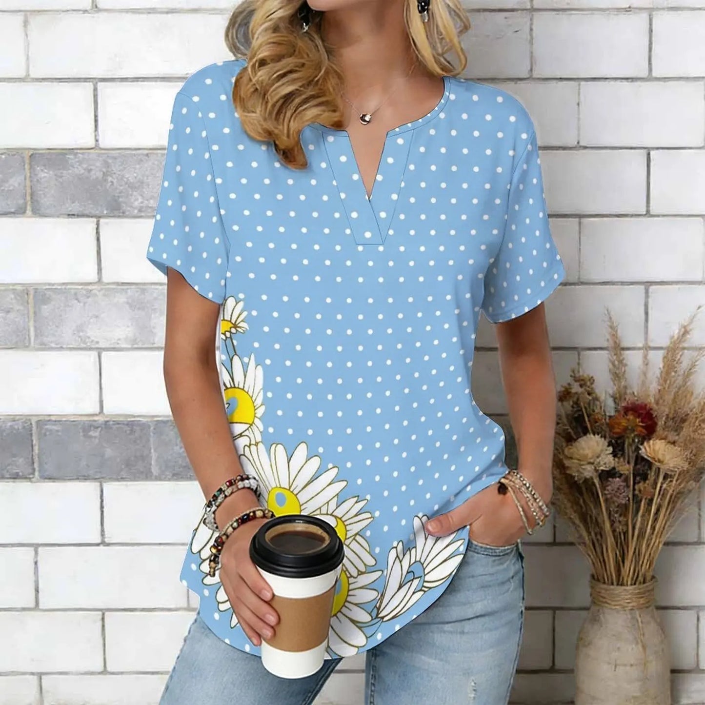 Women Print Notched V Neck Short Sleeve Casual Loose Tunic Tops