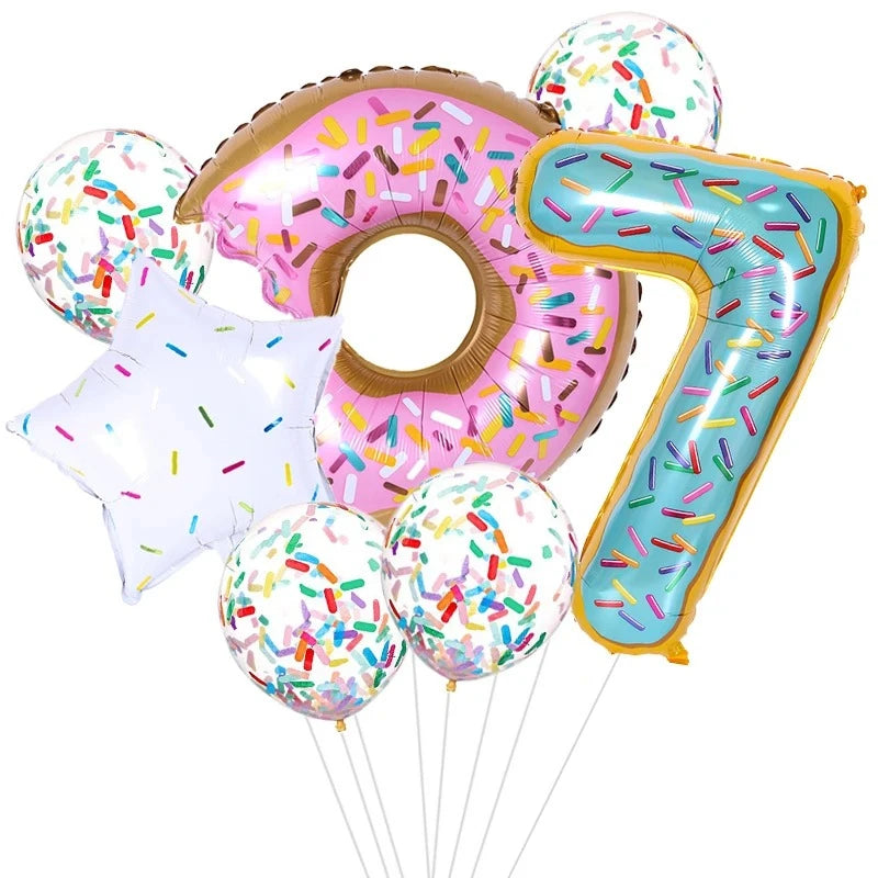 7pcs Donut Number Foil Balloons Set 1st 2nd Girls Birthday Party Decorations Candy Confetti Balloon Baby Shower Wedding Globos