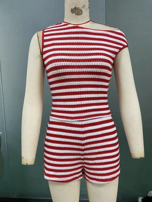 Women's Summer Short Two-piece Set New Vacation Style Striped Slim Fit Slim Slimming Vest Hip Hugging Short Pants Set For Women