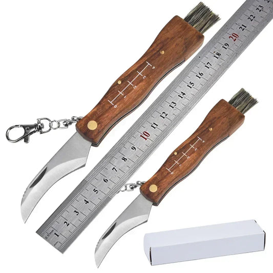 Multifunctional stainless steel folding brush outdoor mini mushroom knife EDC wooden handle sharp camping hunting survival