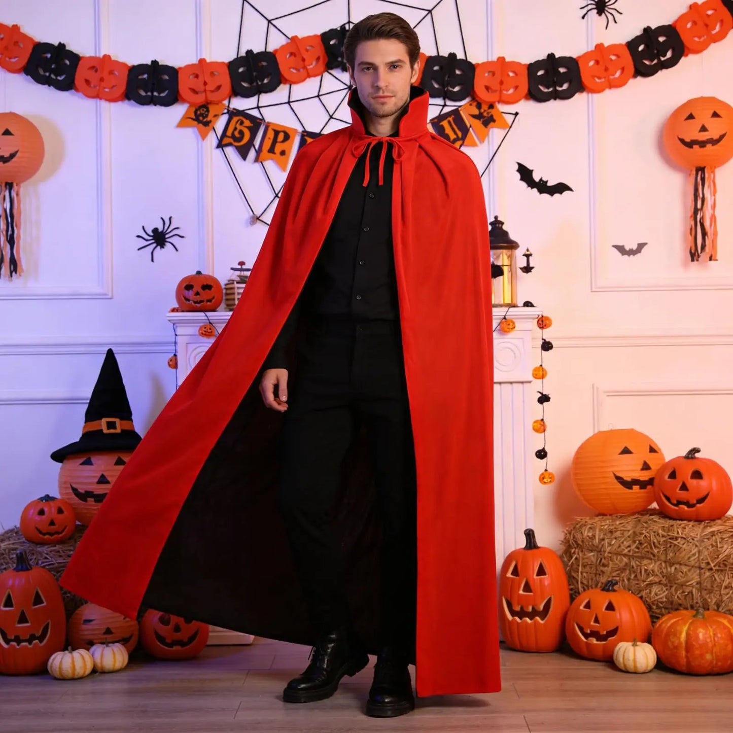 Unisex Adult Reversible Stand Collar Hooded Cloak Knit Masquerade Cape for Halloween Drapey Fabric Perfect Masquerade Costume Accessory