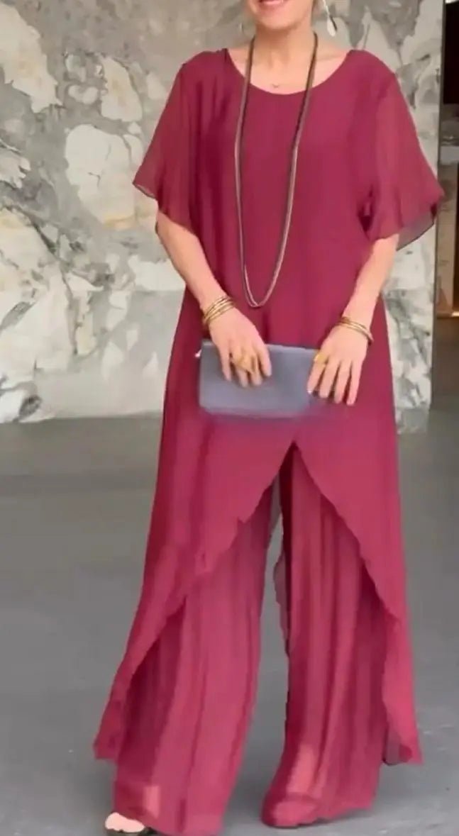 Women Summer Chiffon Pant Sets Short Sleeve Solid Irregular Splicing Long Blouse Wide-leg Pants Casual Loose Trousers Suits Robe