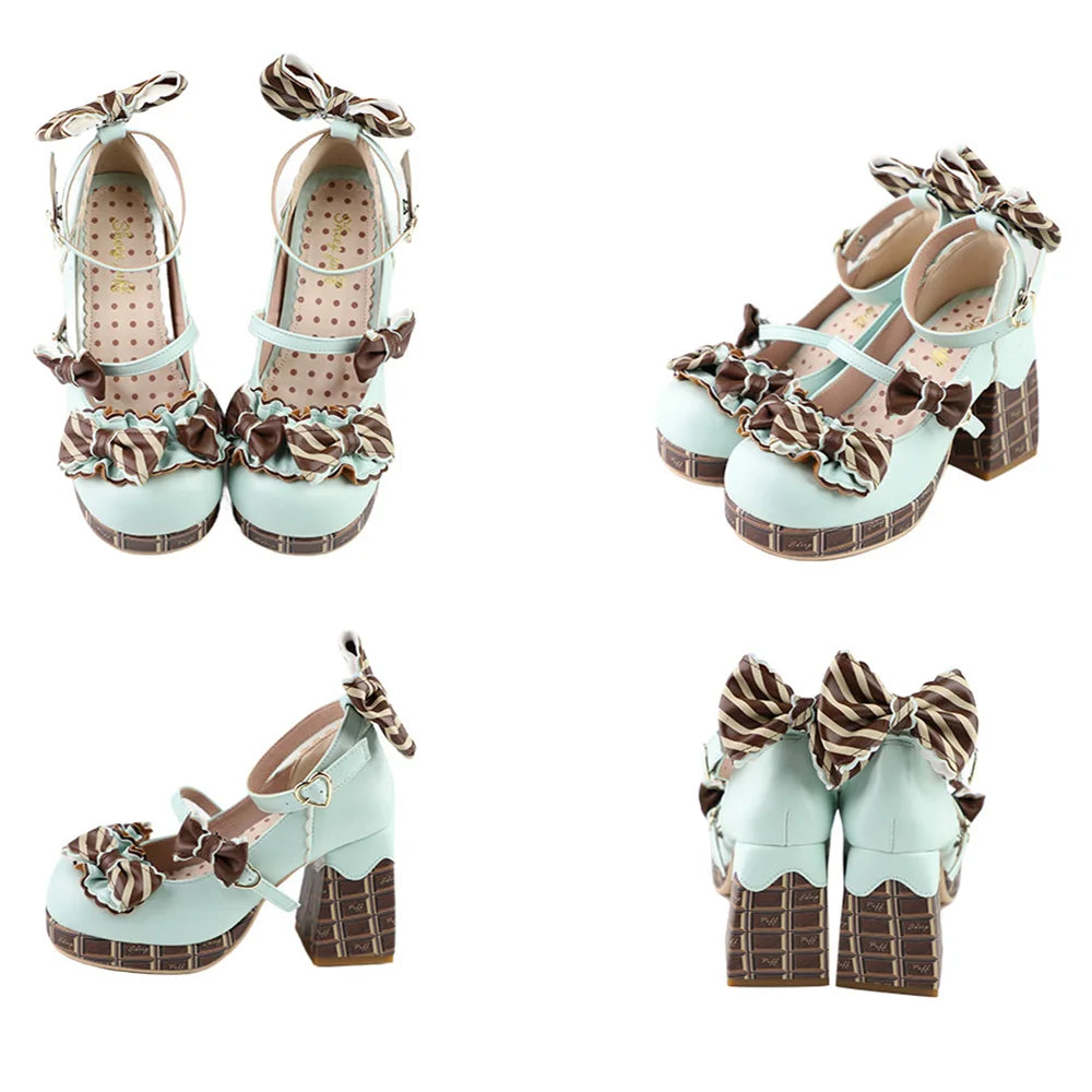 Sweet Girls Lolita High Heels Platform Shoes ,Young Women Students Cute Chocolate Candy Bowknots Ankle Strap Mary Janes